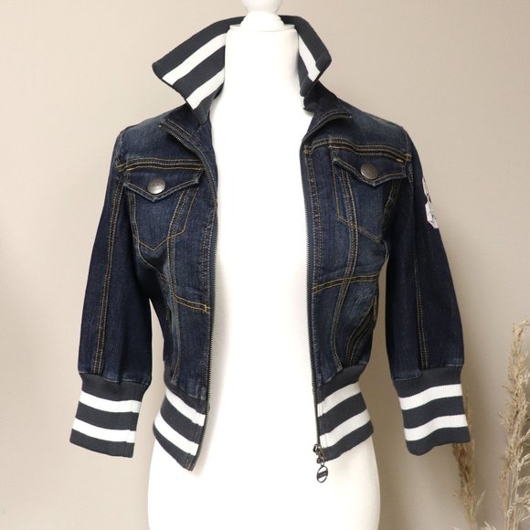 Dkny Jackets & Blazers - DKNY Y2K Sporty Striped Cropped Denim Jean Jacket M